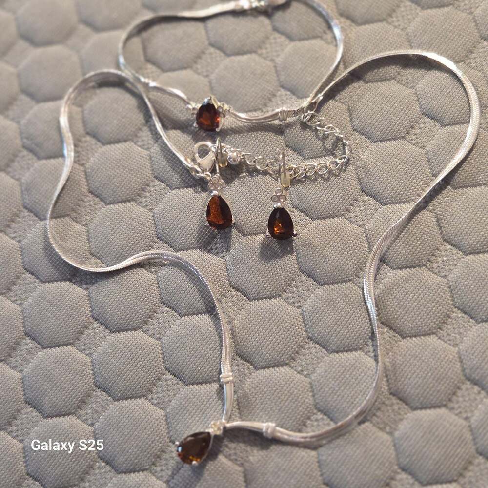 Sterling Silver Collection Teardrop Brown Gemstone Necklace and Earring Set
